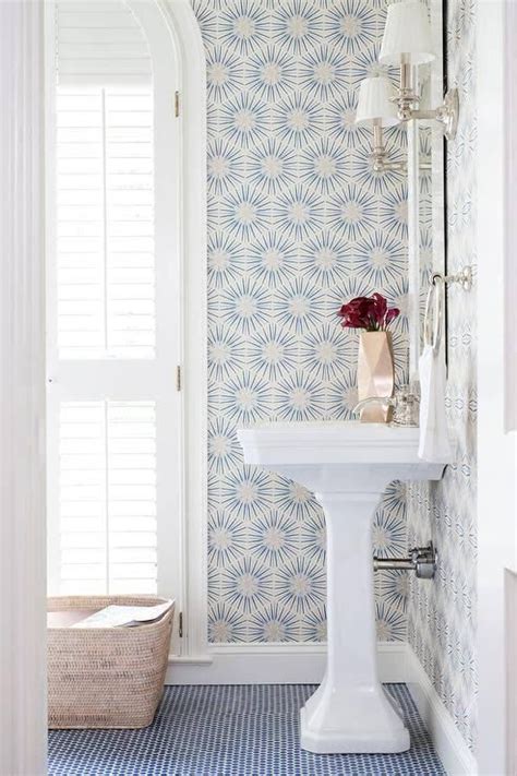 White And Blue Powder Room With Blue Penny Tile Floor Blue Penny Tile