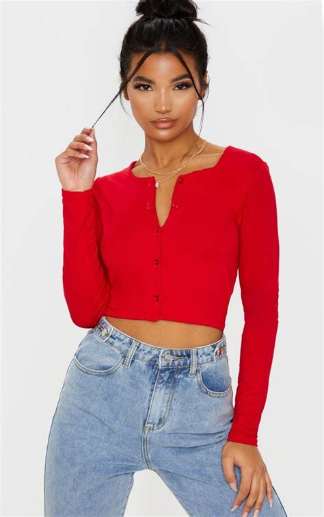 Red Button Front Long Sleeve Crop Top 30 00 Aud Red Crop Top Outfit Red Long Sleeve Tops