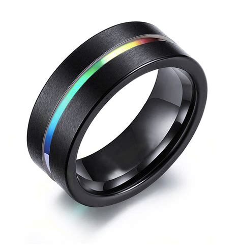 rainbow anodized black tungsten carbide steel ring gay and lesbian lgbt pride wedding
