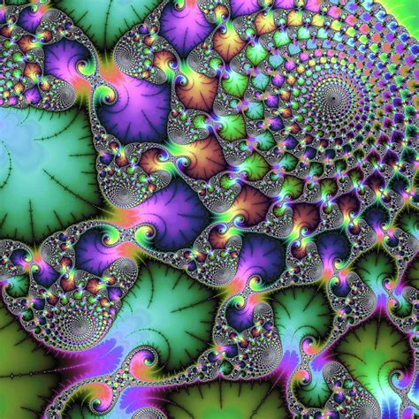 Fractal Floral Spirals Jewel Colored Green Purple Gold By Matthias