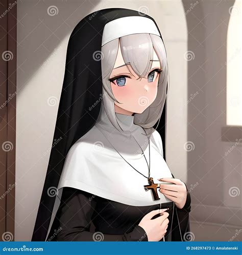 Cute And Shy Anime Manga Girl Dressed In A Nun Outfit Generative AI Stock Illustration
