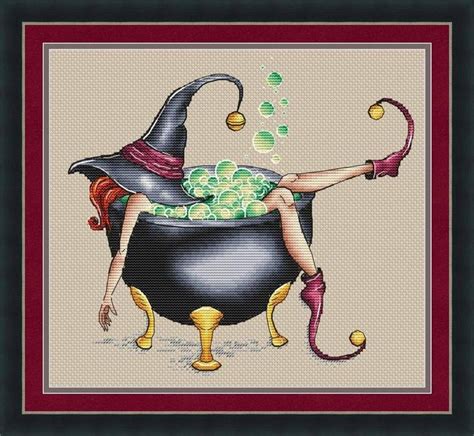 Model stitched on 32 ct. Witch Cross Stitch Pattern PDF Instant Download Halloween ...