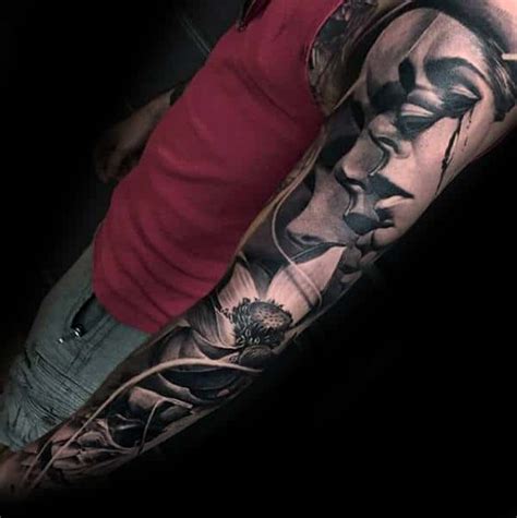 Another great hyper realistic buddha portrait design with amazing details on cracks. 70 Unique Sleeve Tattoos For Men - Aesthetic Ink Design Ideas