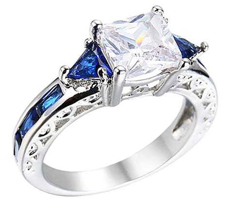 Princess Cut Deep Blue Sapphire Ring Plated In White Gold Thin Blue