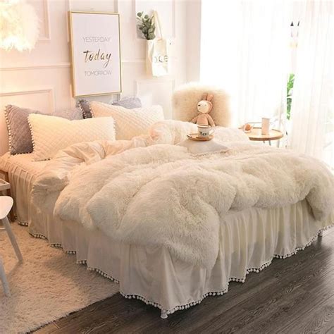 white plush duvet cover bed skirt  piece fluffy bedding sets velvet  utocozy bedding sets