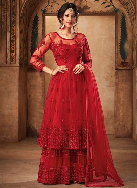 Red Frock Style Sharara Suit Salwar Kameez Designer Collection