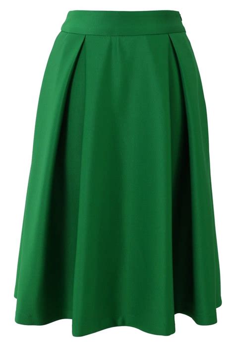 Full A Line Midi Skirt In Green Green High Waisted Skirt Green Pleated