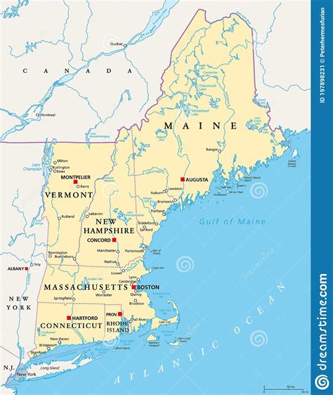 New England Region Of The United States Of America Political Map Stock