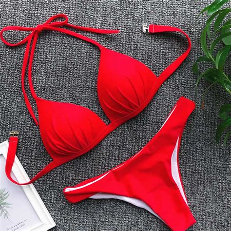 Buy Swimsuit Bikini 2019 Mujer Push Up Bikini Set Halter Red Womens Swimsuits
