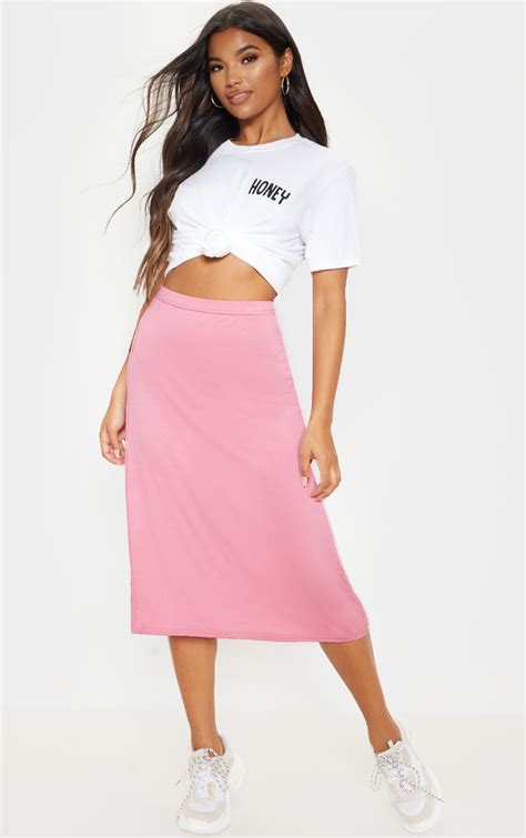 Dusty Pink Basic Jersey Floaty Midi Skirt Prettylittlething Ca