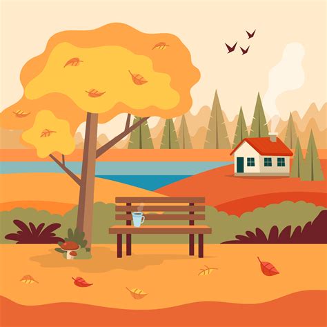 Autumn Landscape Rural Scene With Cute Bench 677506 Vector Art At Vecteezy