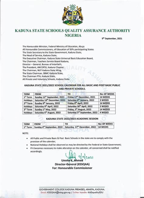 Kaduna State Schools Calendar 20212022 1st 2nd And 3rd Term