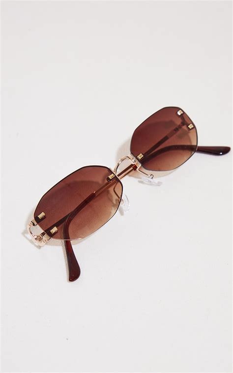 brown frameless rounded sunglasses prettylittlething usa