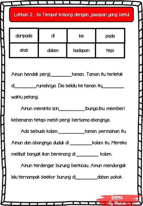 Latihan Bahasa Melayu Tahun 2 Kata Sendi Nama Bm Kata Kerja Worksheet