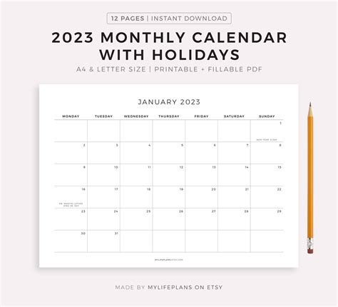 2023 Monthly Calendar With Holidays Printable Calendar Etsy Hong Kong