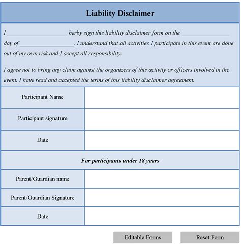 liability disclaimer form editable forms