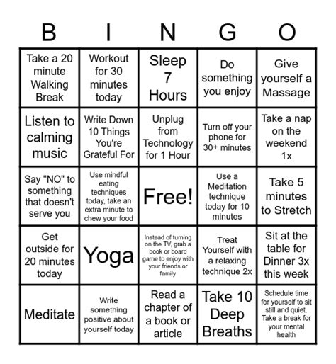 Stress Management Bingo Card