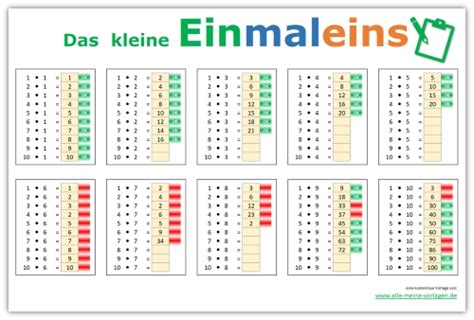 Innerhalb eines benutzerdefinierten formats lässt sich die schriftfarbe über codes von 1 bis 56 anpassen. Das kleine Einmaleins - Lernen leicht gemacht | Alle-meine ...