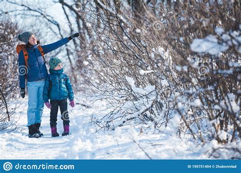 Woman With A Child On A Winter Hike In The Mountains Stock Photo