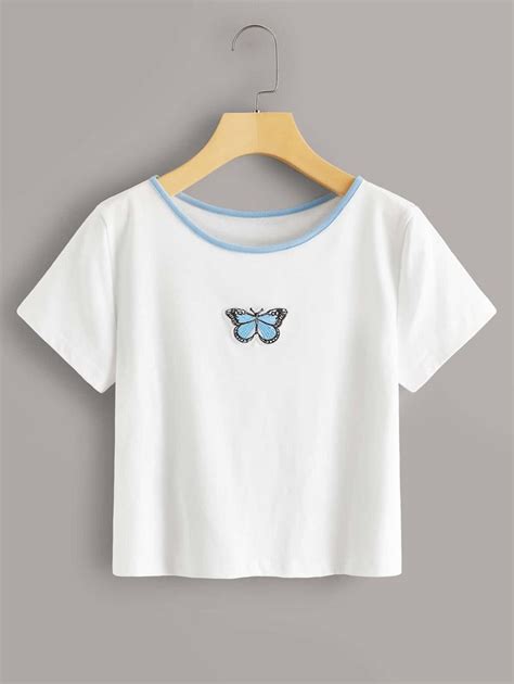 Butterfly Embroidery White Tee Romwe Shirt Design For Girls Spring