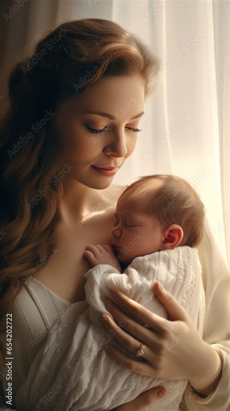 Loving Mom Carying Of Her Newborn Baby At Home Bright Portrait Of
