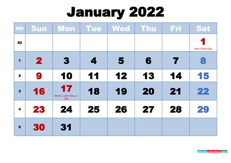 January 2022 Calendar Printable With Holidays Printable Word Searches