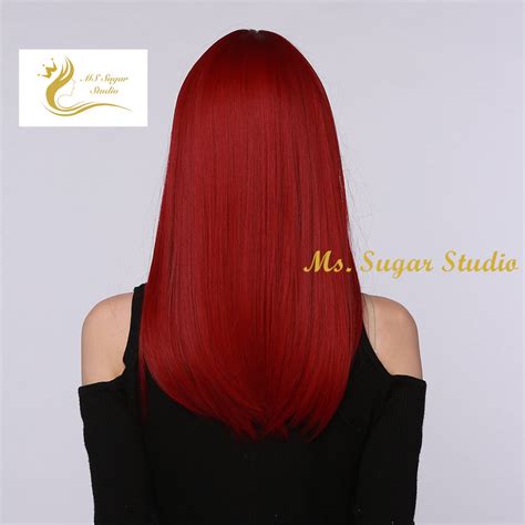 Long Red Straight Wig With Bangsfashion Red Wigmedium Long Etsy