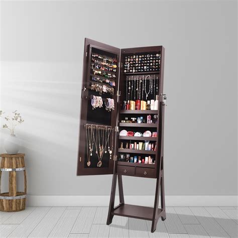 Ktaxon Full Mirror Makeup Storage Cabinet 2 Drawers 5 Layers Brown With Led Lights