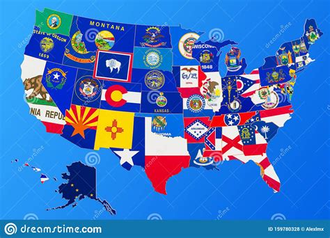 United States Of America Map With State Flags On Blue Background 3d
