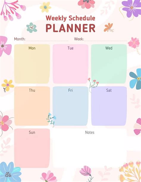Pink Colorful Pastel Vibrant Cute Abstract Botanical Weekly Schedule