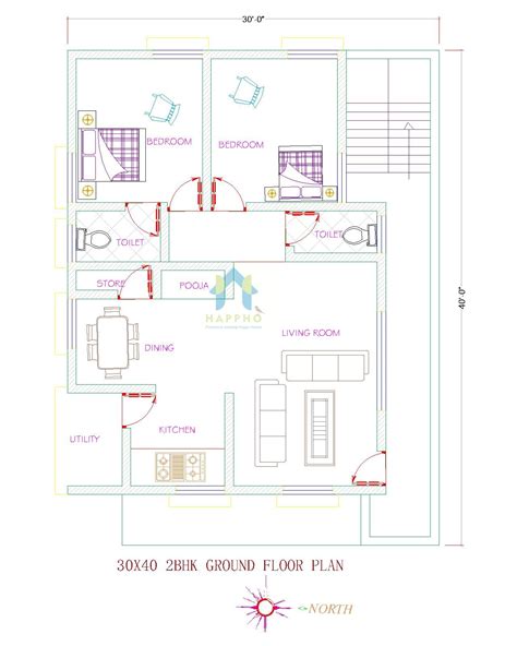 30x40 East Facing Plot 2 Bhk House Plan 105 Happho