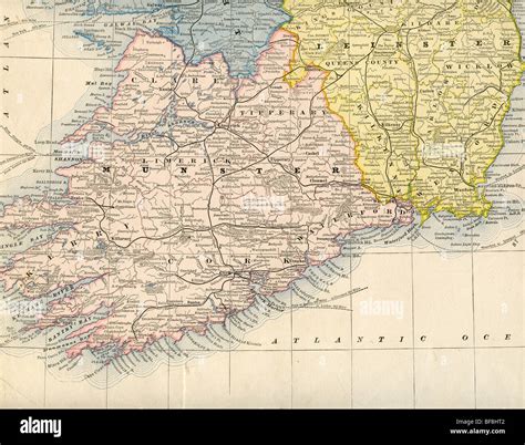 Original Old Map Of Southern Ireland From 1884 Geography Textbook Stock