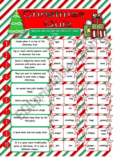 Christmas Quiz Esl Worksheet By Agathachristiefan
