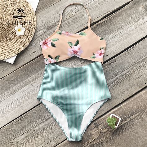 cupshe pink floral and green striped halter one piece swimsuit women tied back bow cutout