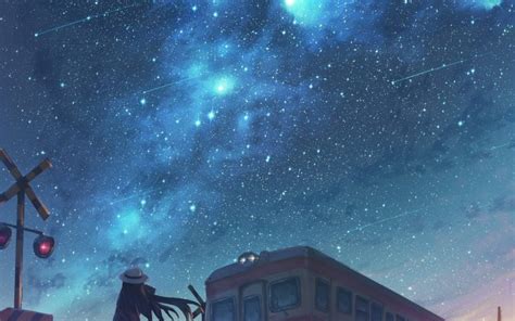 Black Hair Grass Original Phone Sakais Scenic Sky Stars Anime Starry