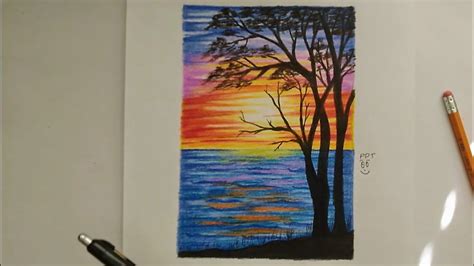 Sunset Drawing Easy Colored Pencil Sunset Scenery Drawing In Pencil