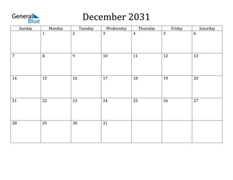 December 2031 Calendar Pdf Word Excel