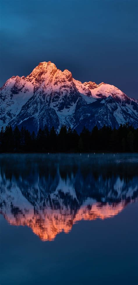 Download 1440x2960 Wallpaper Glow Peak Sunset Mountains Reflections