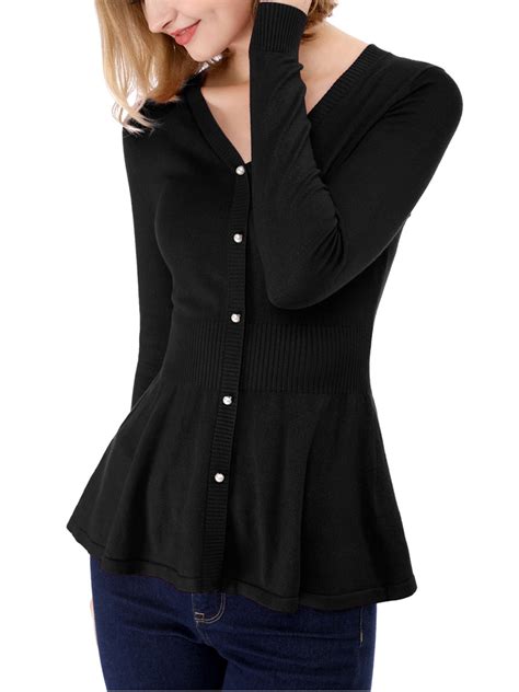 Unique Bargains Womens Peplum Top Smocked Long Sleeve Knit Sweater