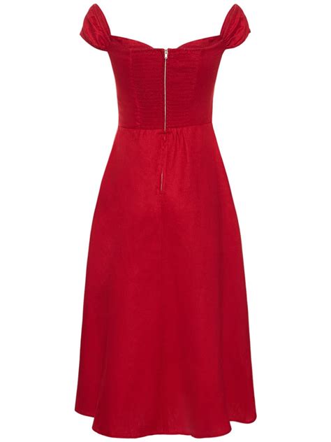 Reformation Bridgton Off Shoulder Linen Midi Dress In Red Modesens