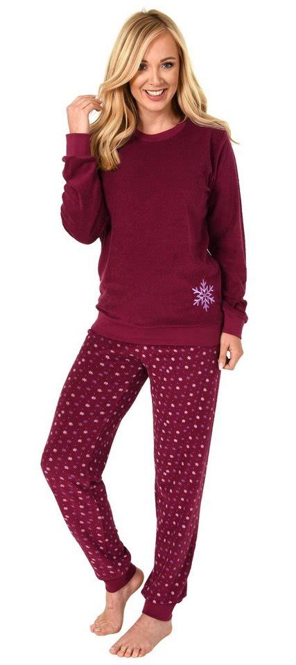 Normann Pyjama Damen Frottee Pyjama Schlafanzug Langarm Mit Bündchen Und Eiskristall Motiv 291