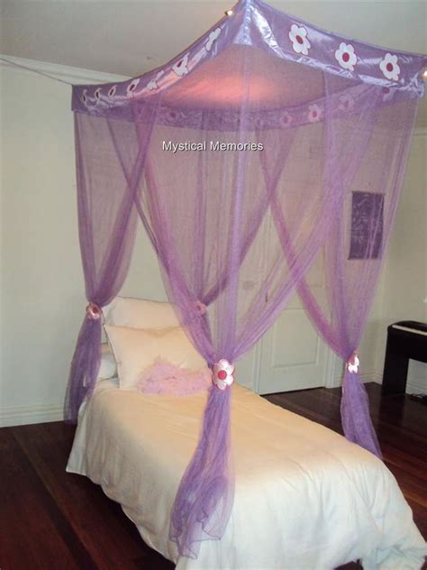 Purple Flower Princess Mosquito Net 4 Poster Bed Canopy Single Bed