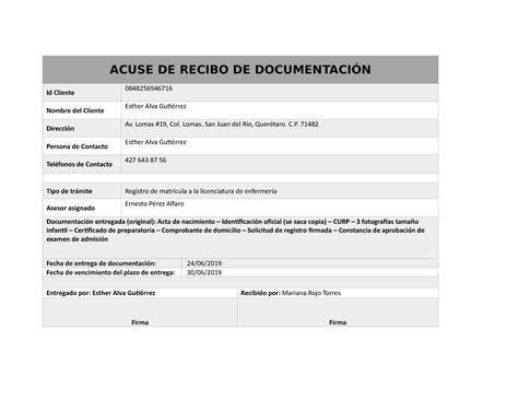 Ejemplo Acuse De Recibo De Documentos Ejemplo Sencill