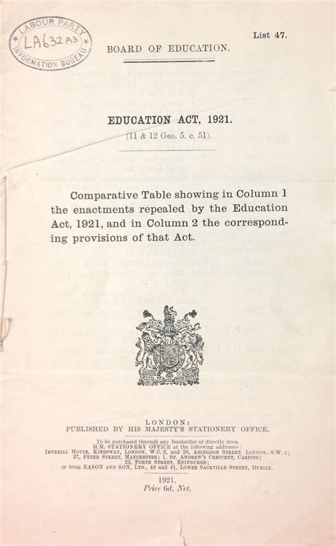 Education Act 1921 Published By His Majestys Stationery Office