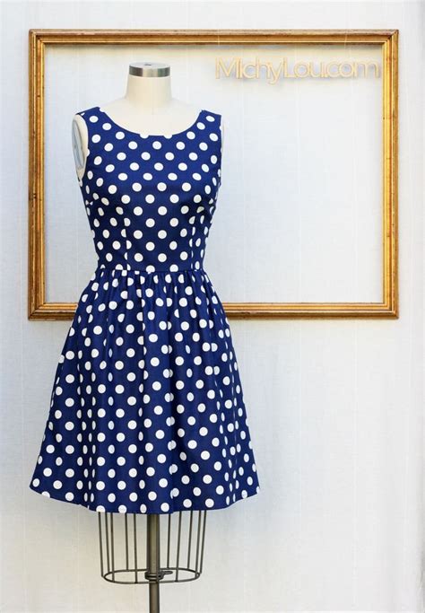 Navy Blue Polka Dot Dress Retro Print Dresses Rockabilly Dress