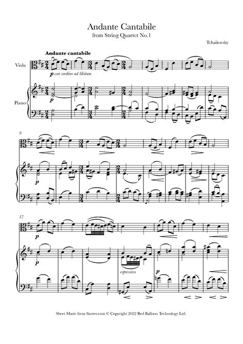 tchaikovsky pyotr ilyich andante cantabile from string quartet no 1 sheet music for viola