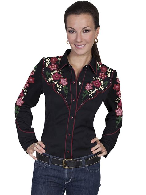 Scully Womens Black Floral Embroidered Long Sleeve Western Blouse