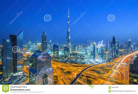 Dubai Skyline At Sunset With Beautiful City Center Lights And Sheikh