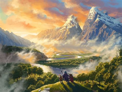 Fantasy Landscape Mountains Clouds Sunset Scenic Creatures