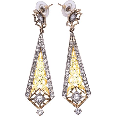 Estate Art Deco Style Earrings In 14 Karat Gold And Silver With Diamond